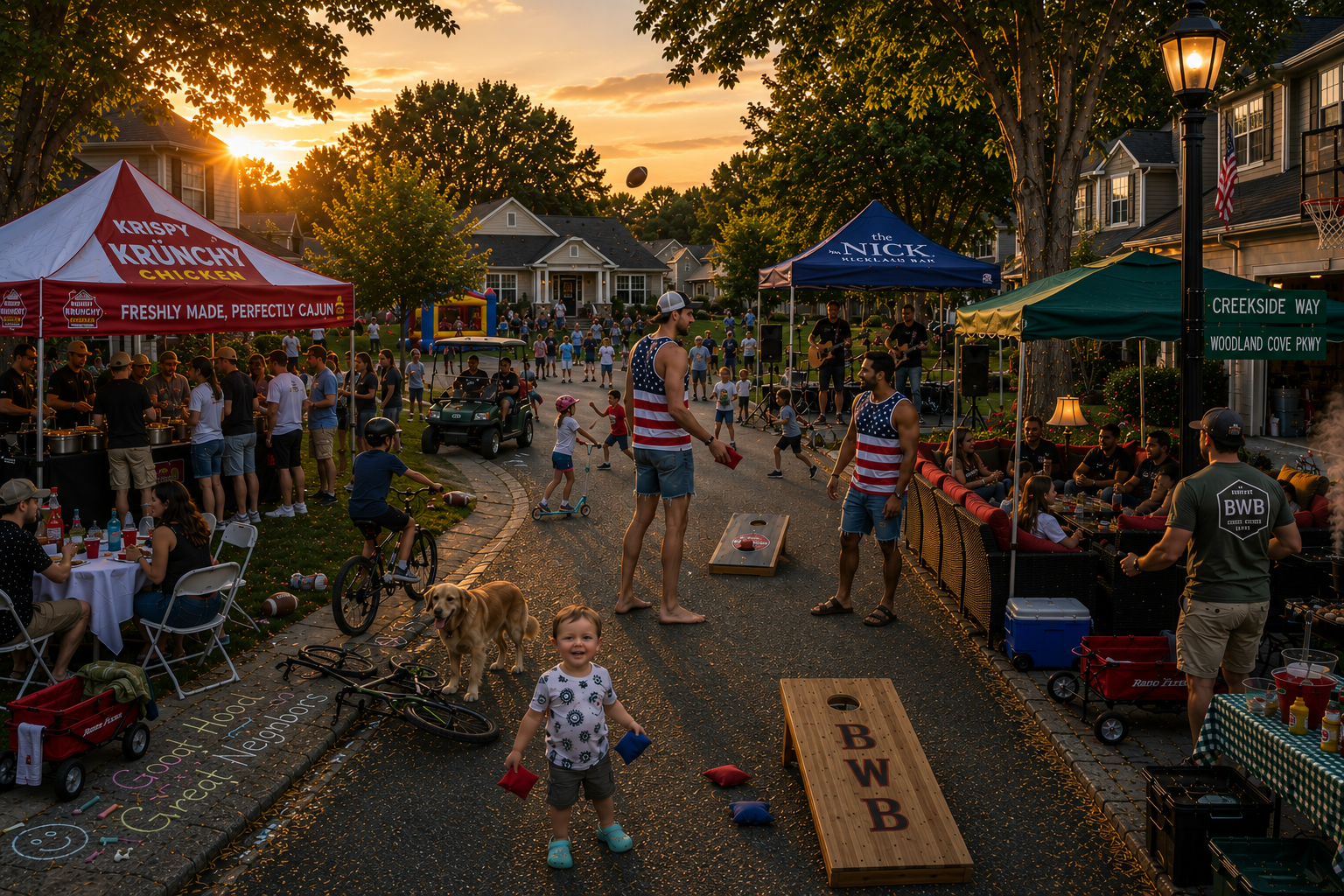 Neighbors gathered under the green carport tent at the Burnside Way Block Party