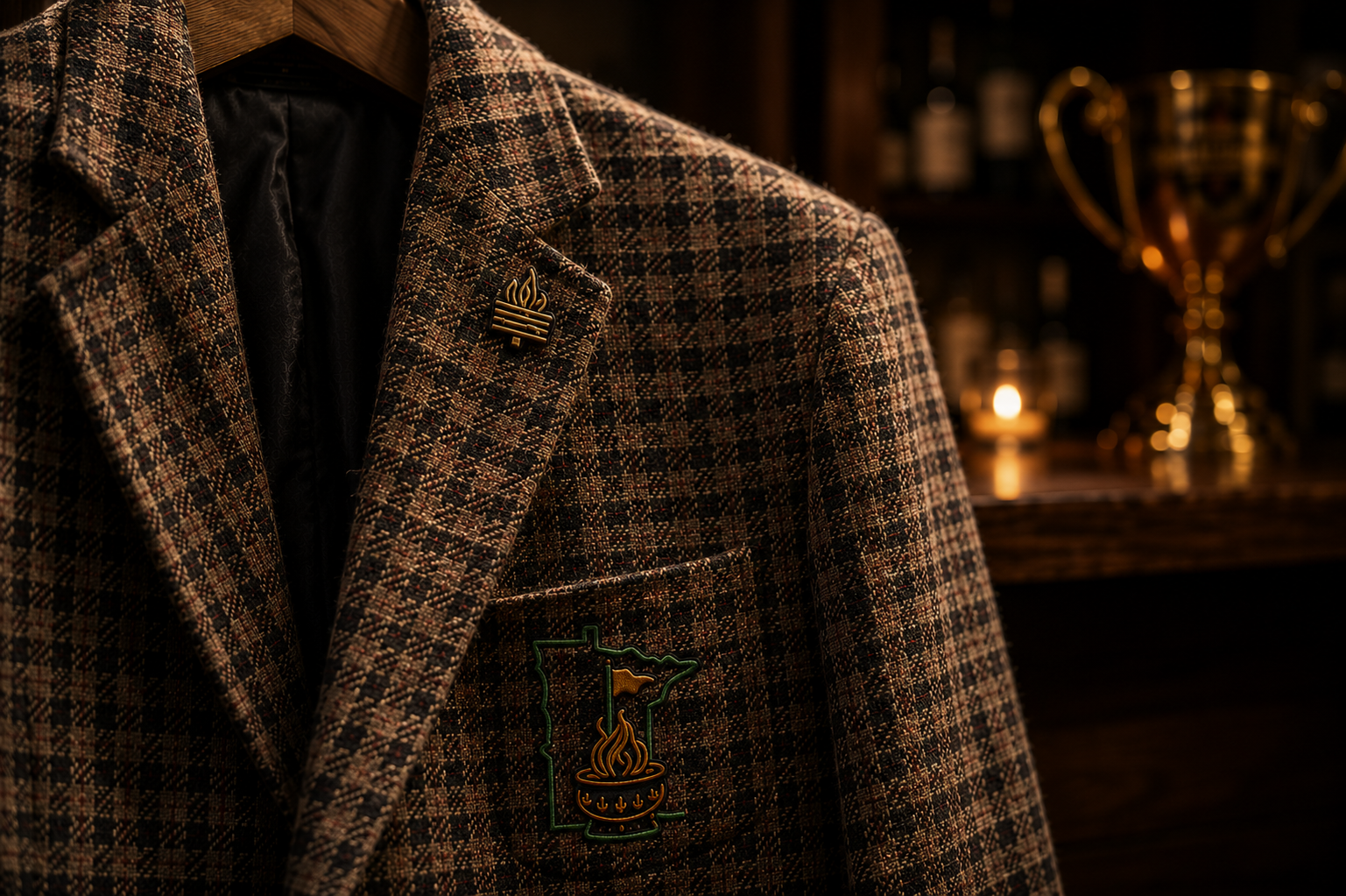 Close-up of the Burnside Way Golf Championship emblem on the brown tweed Champions Jacket